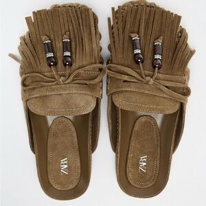 Zara Split Suede Fringe Mule Moccasins Brown Leather Beaded Slip-On EU 37